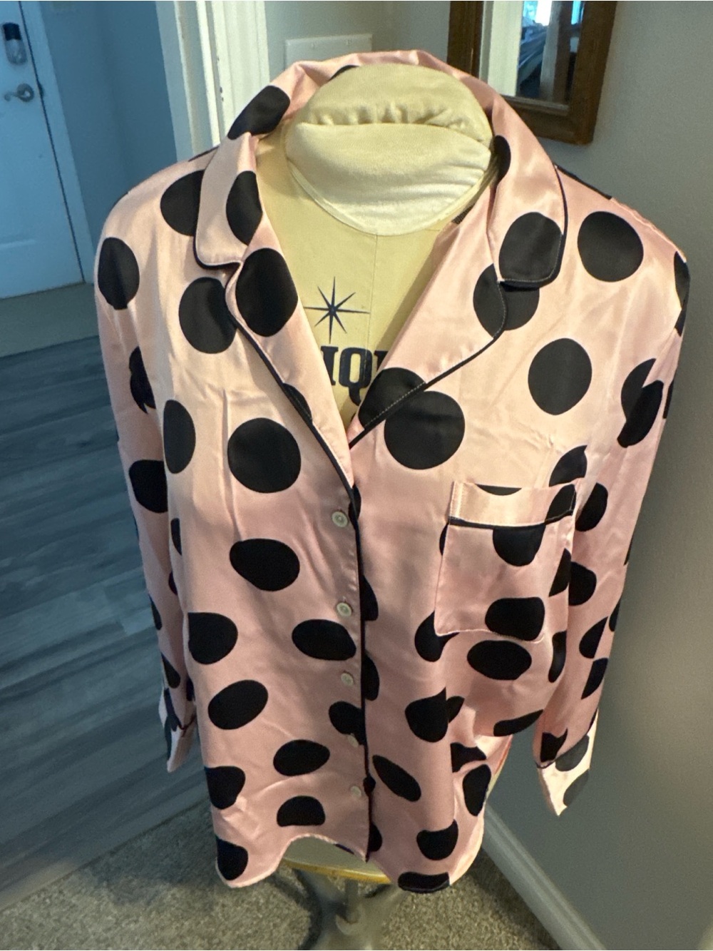 Pink Polka Dot Pajama Top - Black Dots